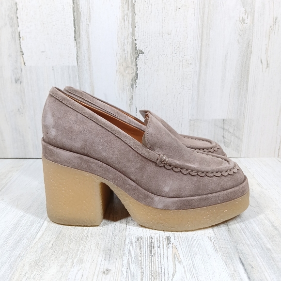 New Marc Fisher Taupe Suede Platform Loafers with Chunky Block Heel #533 - Picture 7 of 13